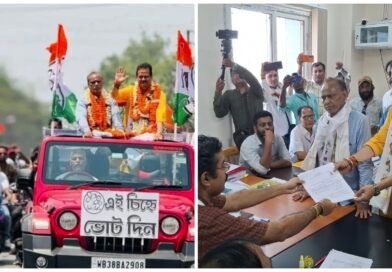 হুডখোলা গাড়িতে মনোনয়ন জমা কুলটির তৃণমূল প্রার্থী অভিজিৎ ঘটকের  সঙ্গী উজ্জ্বল চট্টোপাধ্যায়