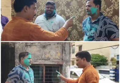 टीएमसी के ‘नेता को बीजेपी नेता अभिजीत राय ने हरा गुलाल लगाकर खदेड़ा