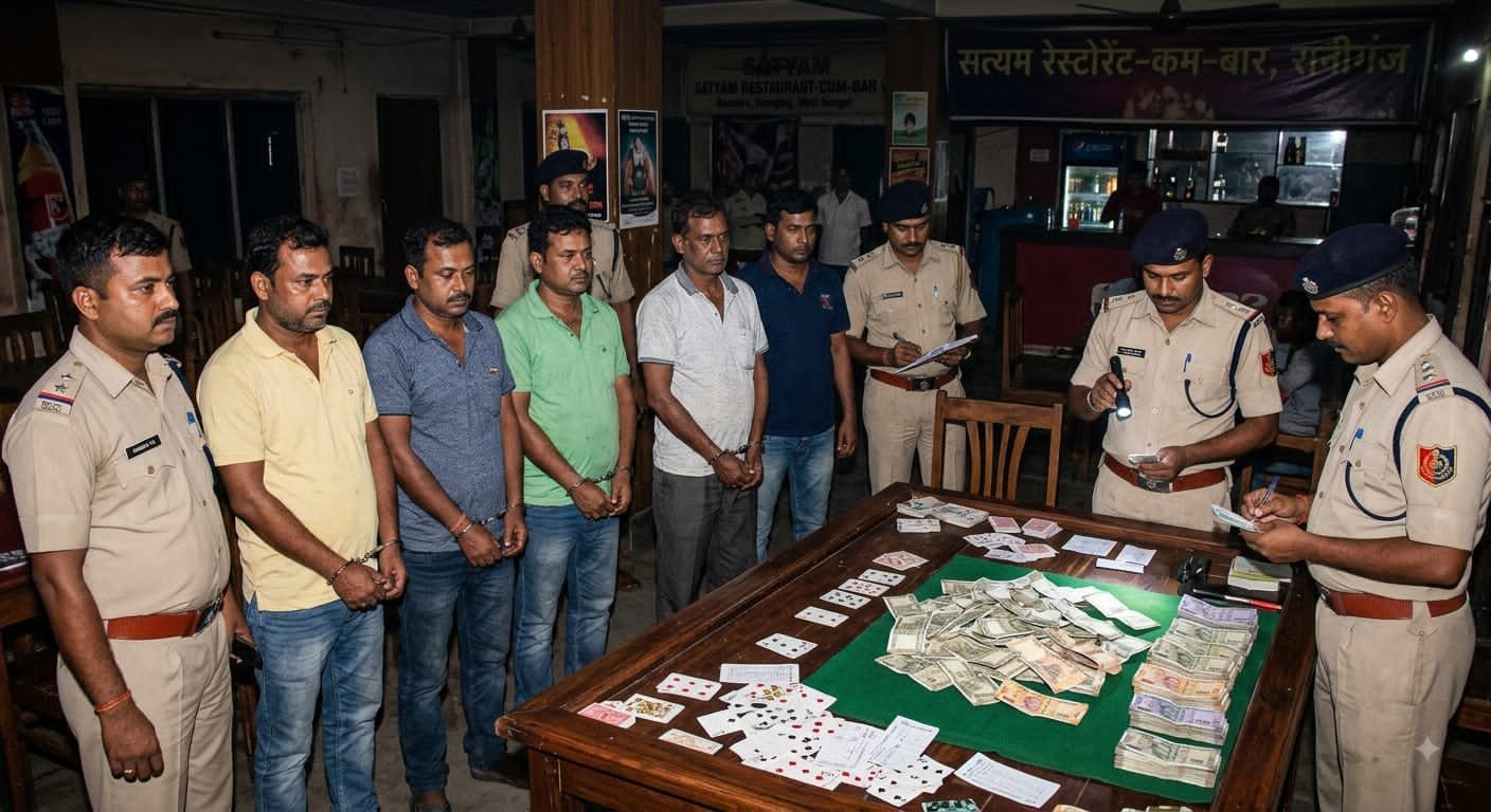 রানিগঞ্জের পানশালায় জুয়ার আসরে পুলিশের হানা  সাড়ে ৫৪ হাজার টাকা সহ গ্রেফতার ৬